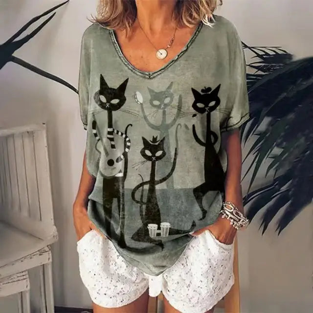 Fudus | Retro Katzen Grafik Sommer T-Shirt