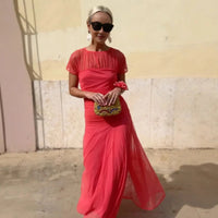 Athen™ Maxikleid mit kurzen transparenten Ärmeln und Stufenrock in Rot