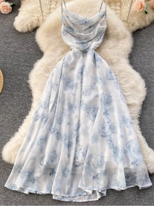 Melina | Damen Sommerkleid Lang mit Floralem Design und Spaghetti-Trägern