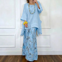 Amara™ Baumwoll-Leinen-Set mit Oversize-Bluse und Palazzohose in Blau