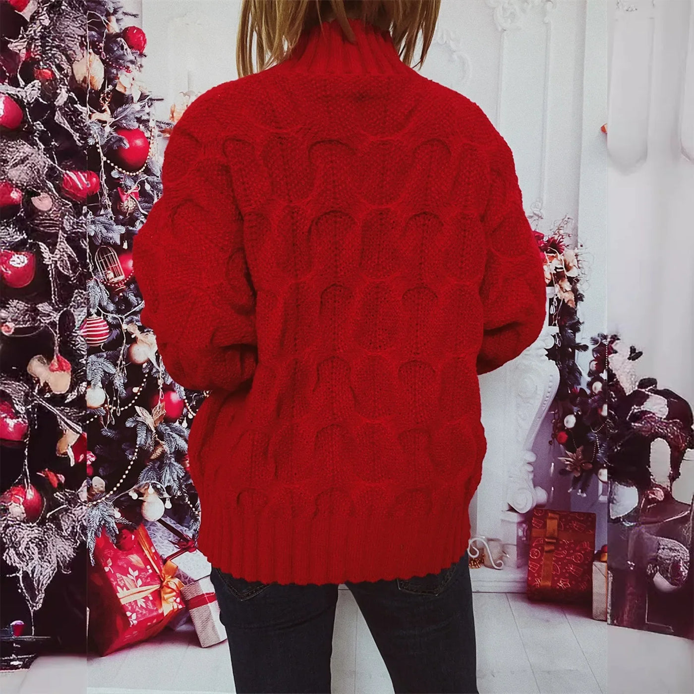 Cornelia - Strickpullover mit Rollkragen und Weihnachtsfiguren-Patchwork für Frauen