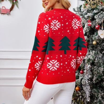 Jenny - Warmer Strickpullover mit Weihnachtsbaum und Schneeflocken-Print für Frauen