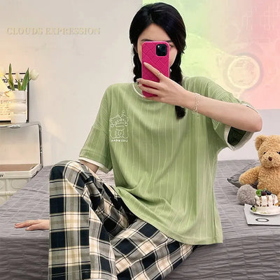 Laura - Gestricktes Baumwoll-Pyjama-Set mit Kurzarm-Shirt und Pyjama-Hose für Frauen