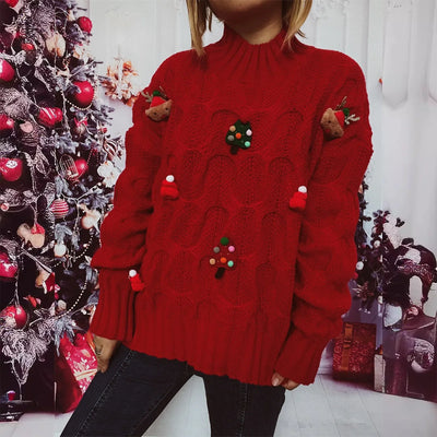 Cornelia - Strickpullover mit Rollkragen und Weihnachtsfiguren-Patchwork für Frauen