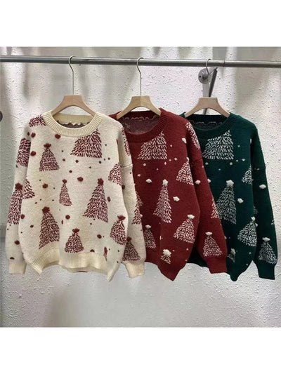Claudine - Warmer Strickpullover mit Lockerer Passform und Weihnachtsbaum-Print für Frauen