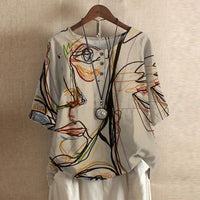Damen Vintage Bedruckt Kurzarm Bluse in Beige