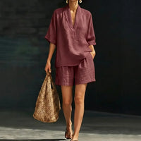 Ayla™ Baumwoll-Leinen-Set mit V-Ausschnitt-Bluse in Bordeaux