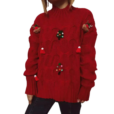 Cornelia - Strickpullover mit Rollkragen und Weihnachtsfiguren-Patchwork für Frauen