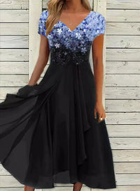 Yvonne | Damen Blumen Formkleid Fließend Kurzarm Elegant Feminin in Blau Schwarz