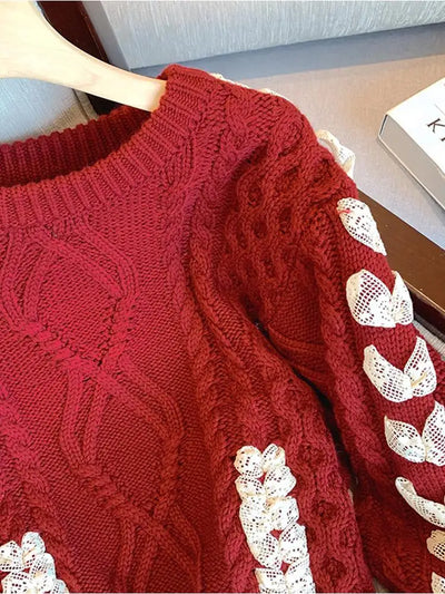 Valentine - Warmer Strickpullover mit Spitzenfäden und Schleife für Frauen