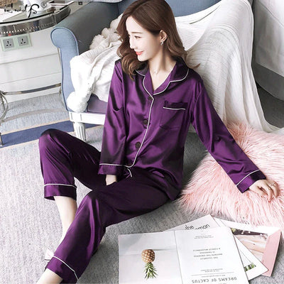 Kolja - Satin-Pyjama-Set mit Langarm-Knopf-Revers-Oberteil mit elastischer Hose für Frauen