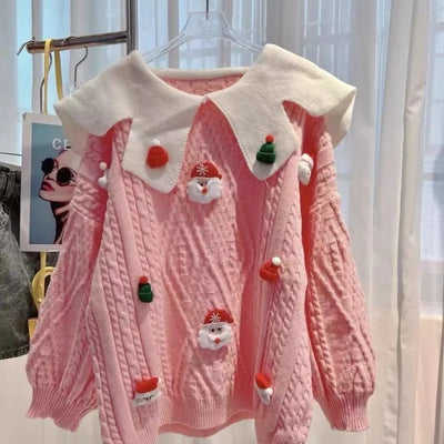Hannes - Warmer Strickpullover mit Pop-Ausschnitt und Gehäkelten Weihnachtsfiguren für Frauen