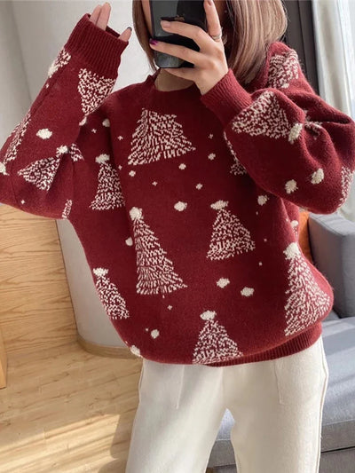 Claudine - Warmer Strickpullover mit Lockerer Passform und Weihnachtsbaum-Print für Frauen