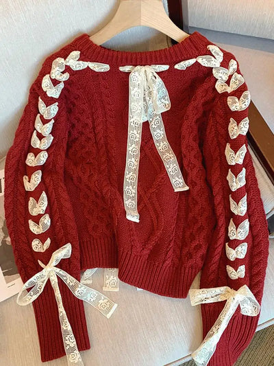 Valentine - Warmer Strickpullover mit Spitzenfäden und Schleife für Frauen