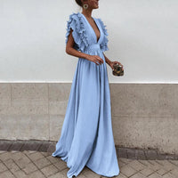 Véronique | Damen Kleid V-Ausschnitt Geraffter Ärmel Elegant Abend in Blau