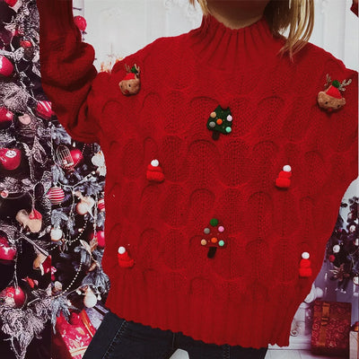 Cornelia - Strickpullover mit Rollkragen und Weihnachtsfiguren-Patchwork für Frauen