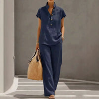 Marelisse™ Set aus leichtem und atmungsaktivem Stoff mit lockerer Bluse und weiter Hose in Dunkelblau