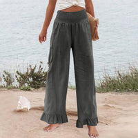 Hose Alva™ aus Leinen-Baumwoll-Mix mit hohem Smokbund und Volantsaum in Grau
