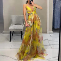 Lange Blumenmuster Kleid mit Verstellbaren Trägern für Frauen | Ideal für Sommer und Besondere Anlässe in Gelb