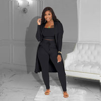 Velmira™-Set mit Kurz Geschnittenem Oberteil, eng Anliegender Hose und Locker Fallendem Cardigan in Schwarz