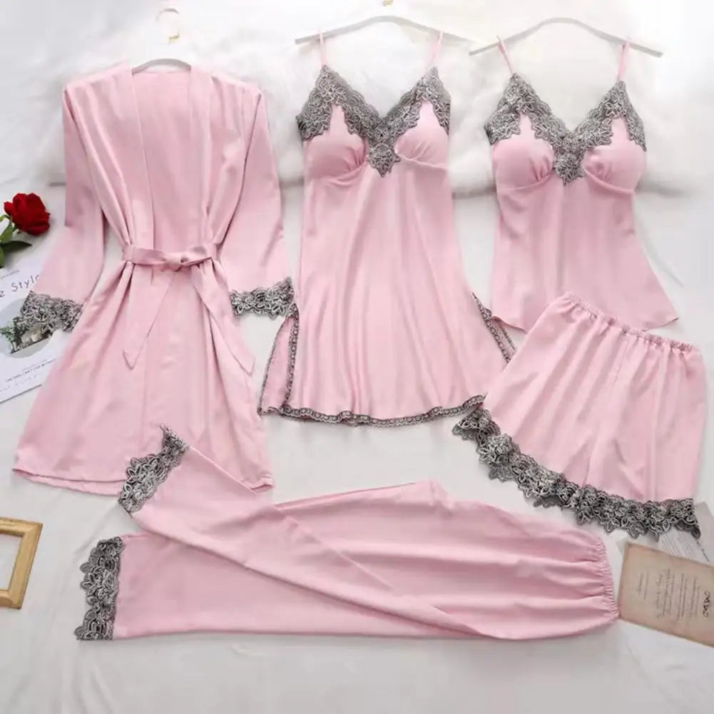 Raquel - Nachtwäsche 5 Stück Set mit Seidensatin Spitze Patchwork für Frauen