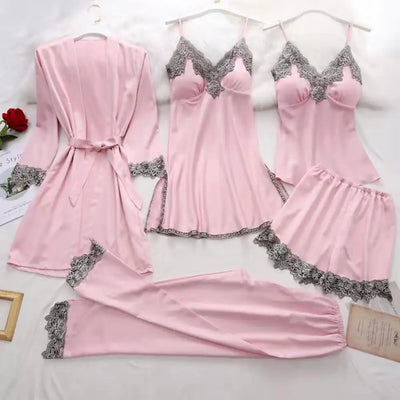 Raquel - Nachtwäsche 5 Stück Set mit Seidensatin Spitze Patchwork für Frauen