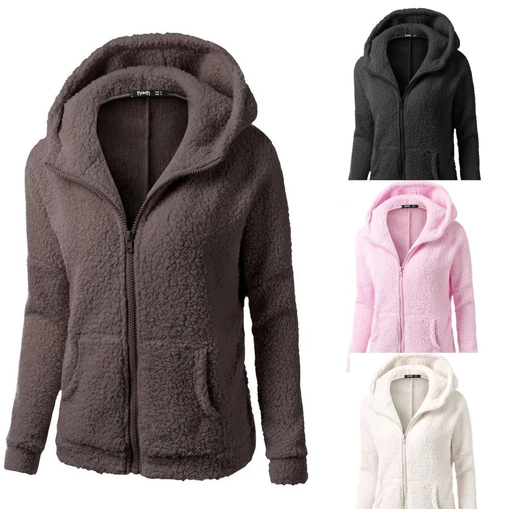 Eleganter Warmer Kapuzenpullover aus Teddy-Fleece mit Reissverschluss für Damen | Ideal für den Winter