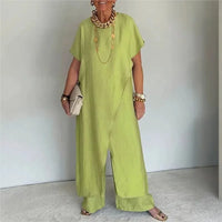 Aurenya™ Set Mit Asymmetrischer Tunika und Fließender Pantalonhose in Hellgrün