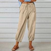 Kobe™ Baumwoll-Leinen-Hose mit Fronttaschen und verstellbarem Kordelzug in Khaki