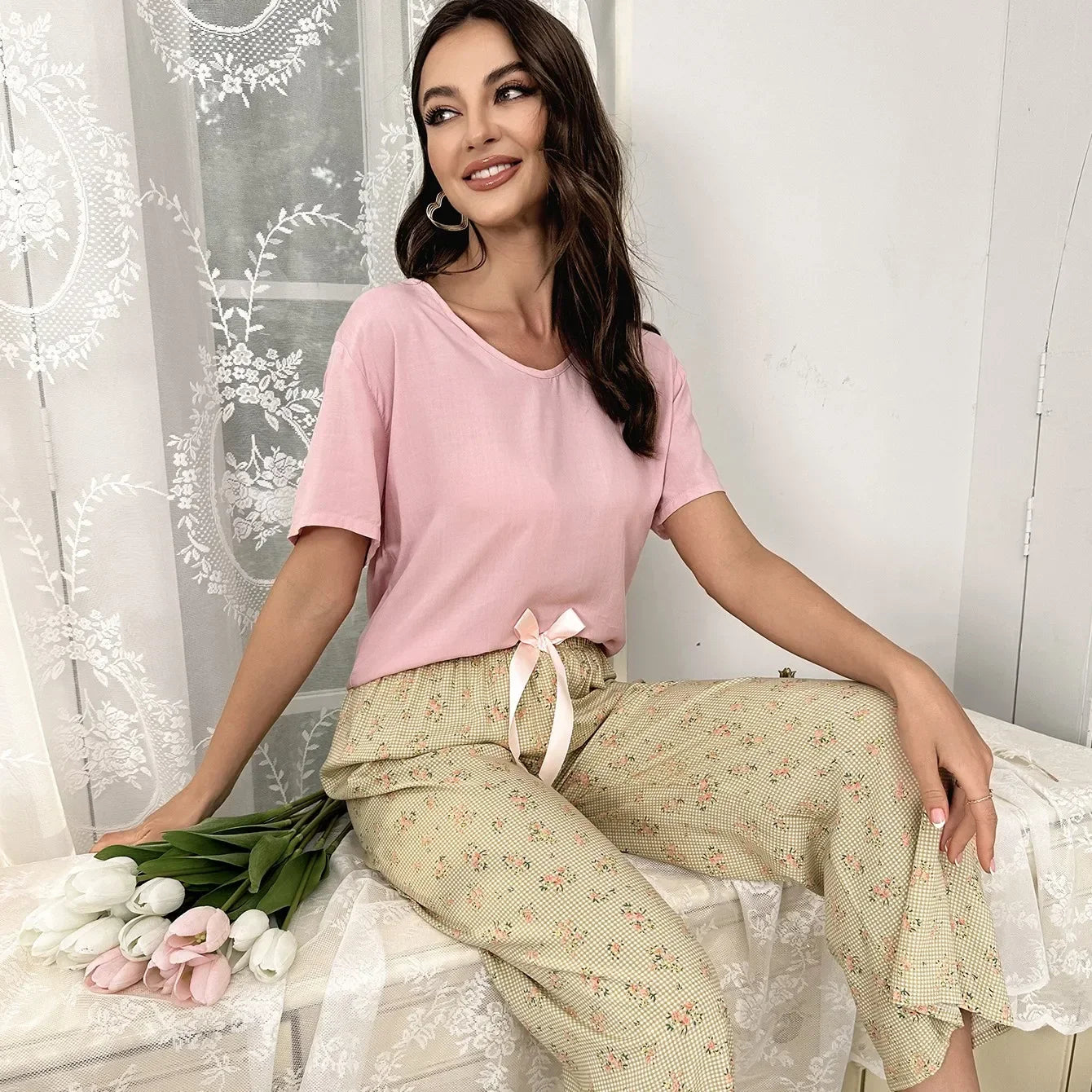 Embe- Sommer Lounge-Set mit Kurzem Oberteil und Langer Hose für Damen