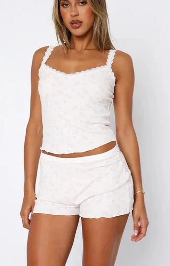 Wiebke - Nachtwäsche-Set aus Baumwolle mit Armellosen Spitzen-Cami-Tops und Geblümten Shorts für Frauen