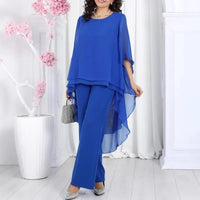 Aurevielle™ Set Mit Asymmetrischer Bluse in Lagenoptik und Weiter Pantalonhose in Blau