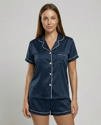Sara | Damen Satin Pyjama Set Komfort Luxuriös Zuhause Schlaf in Blau (Gestreift)