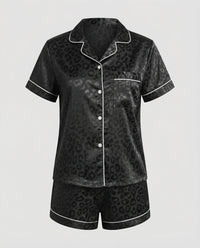 Sara | Damen Satin Pyjama Set Komfort Luxuriös Zuhause Schlaf in Schwarz (Jagiuar)