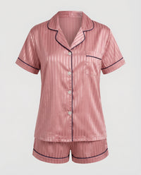 Sara | Damen Satin Pyjama Set Komfort Luxuriös Zuhause Schlaf in Rosa (Gestreift)