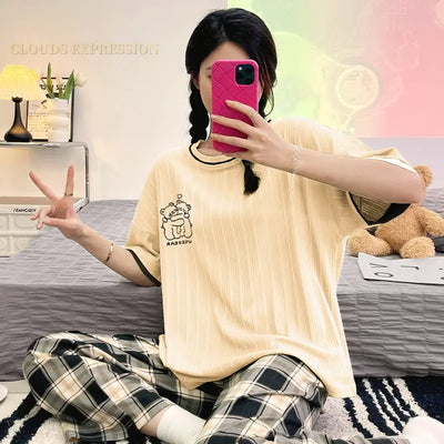 Laura - Gestricktes Baumwoll-Pyjama-Set mit Kurzarm-Shirt und Pyjama-Hose für Frauen