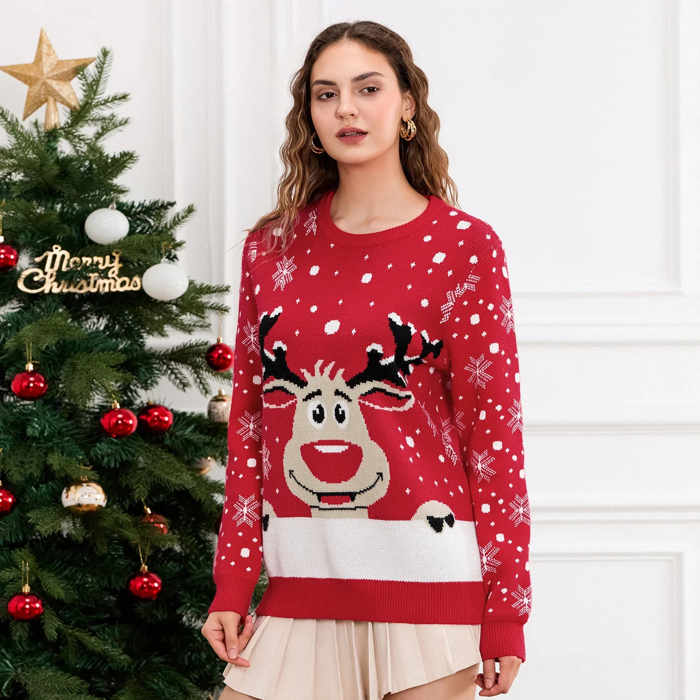 Rudi - Strickpullover mit Rundhalsausschnitt und weihnachtlichem Rentier-Print für Männer und Frauen