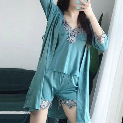 Raquel - Nachtwäsche 5 Stück Set mit Seidensatin Spitze Patchwork für Frauen