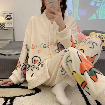 Darline - Samt-Fleece-Pyjama-Set mit Erdbeer-Print für Frauen