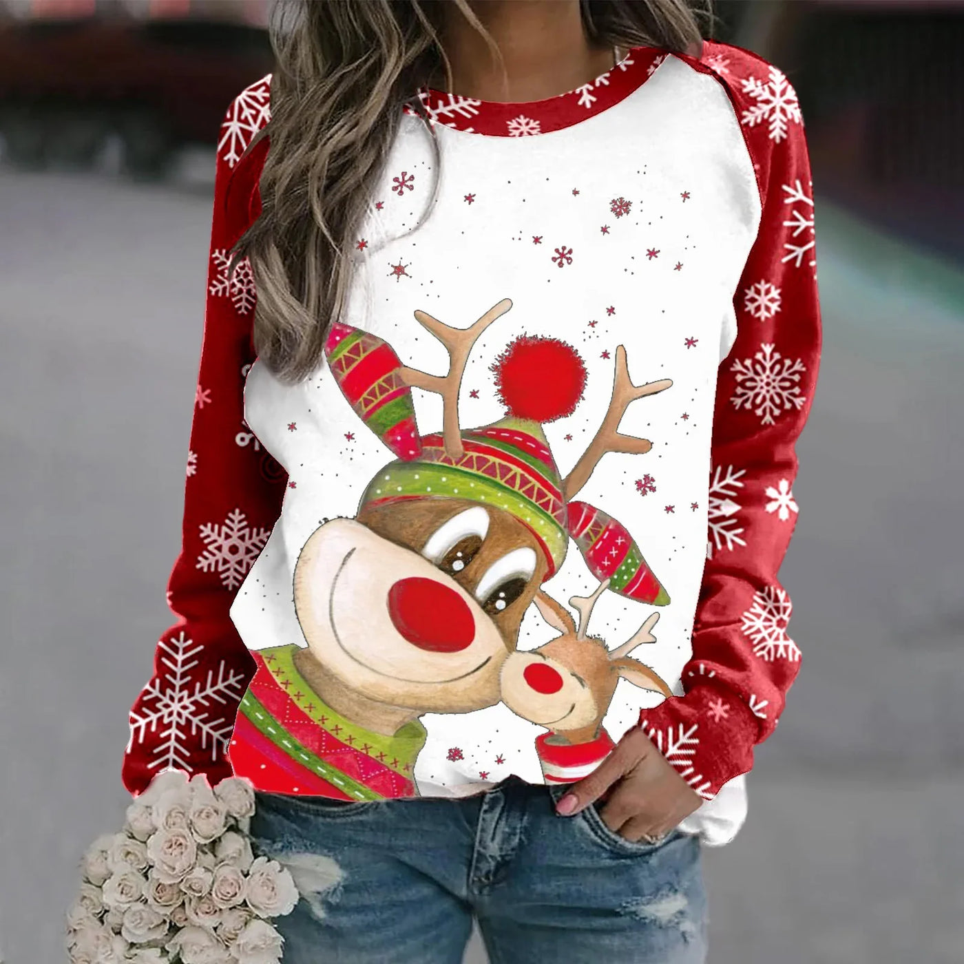 Romina - Warmer Pullover mit Rundhalsausschnitt und 3D Gedrucktem Weihnachts-Rentier für Frauen