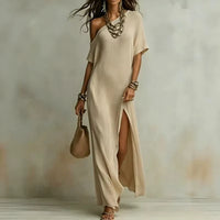 Kleid Velmara™ mit Asymmetrischem Ausschnitt und Elegantem Frontschlitz in Khaki