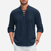 Matyas | Herren Schnürhemd mit langen Ärmeln in Marineblau
