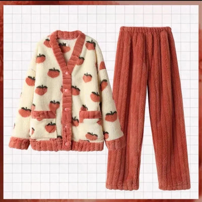 Darline - Samt-Fleece-Pyjama-Set mit Erdbeer-Print für Frauen