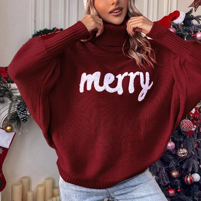 Ines - Fledermausärmel-Strickpullover mit Rollkragen und Geprägtem "Merry“ Schriftzug für Frauen