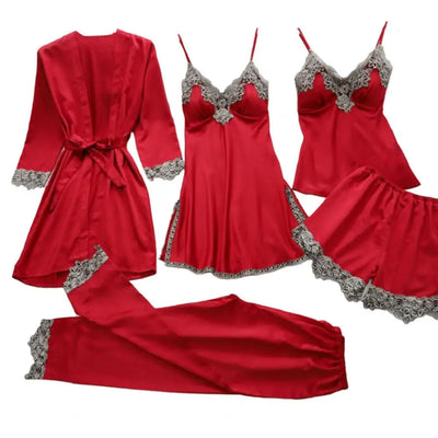 Raquel - Nachtwäsche 5 Stück Set mit Seidensatin Spitze Patchwork für Frauen