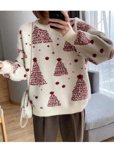 Claudine - Warmer Strickpullover mit Lockerer Passform und Weihnachtsbaum-Print für Frauen