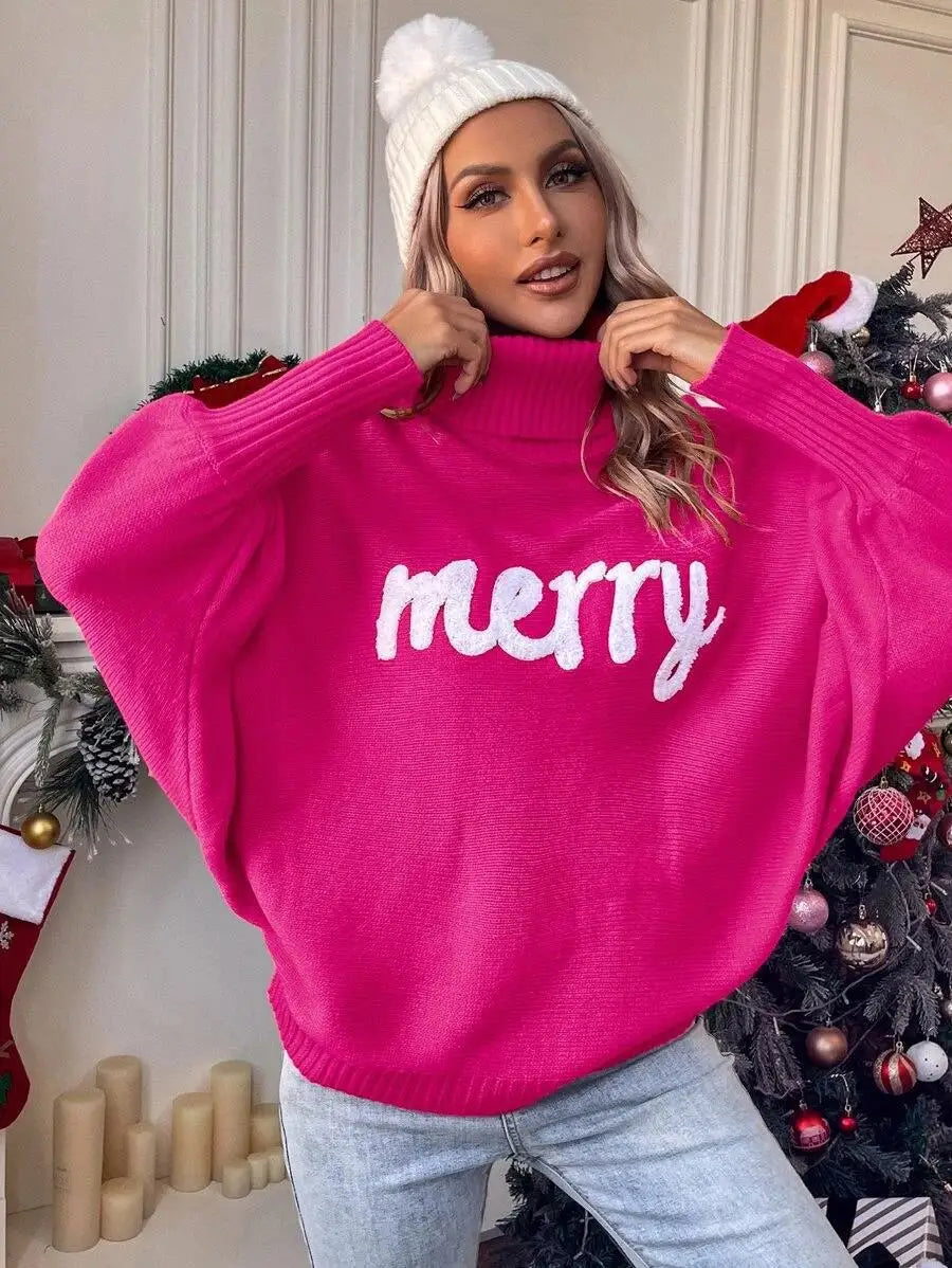 Ines - Fledermausärmel-Strickpullover mit Rollkragen und Geprägtem "Merry“ Schriftzug für Frauen
