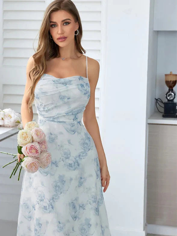 Melina | Damen Sommerkleid Lang mit Floralem Design und Spaghetti-Trägern