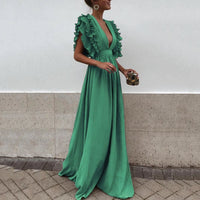Véronique | Damen Kleid V-Ausschnitt Geraffter Ärmel Elegant Abend in Grün