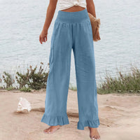 Hose Alva™ aus Leinen-Baumwoll-Mix mit hohem Smokbund und Volantsaum in Hellblau
